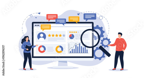 User experience analytics and profile auditing concept with coworkers examining a data dashboard and ratings through a magnifying glass.