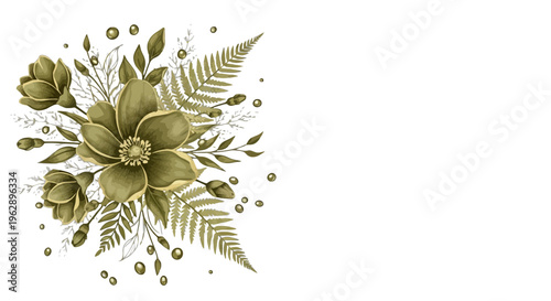 A lush floral arrangement featuring a large flower surrounded by leaves and buds on a plain white surface with natural elements and greenery