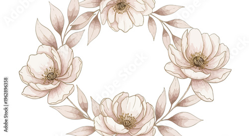 A floral wreath of large pink flowers and leaves on a white background