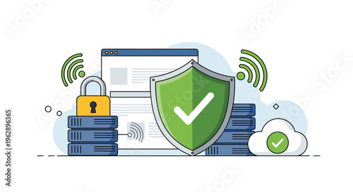 Comprehensive cybersecurity and data protection concept with a large green safety shield guarding server racks and cloud data storage.