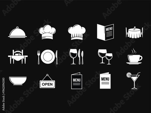 Photography A comprehensive set of white dining and restaurant service icons displayed again