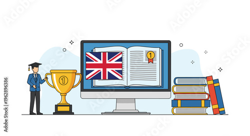 Online English learning platform features a computer screen with a book, British flag, a graduate, and a winner trophy cup.
