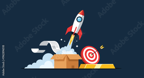 Rocket launching from a cardboard box symbolizes a successful business startup with a target and gold bar for financial goals.