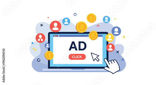 Pay per click advertising concept shows a computer screen with an ad button, mouse cursor, and golden dollar coins for monetization.