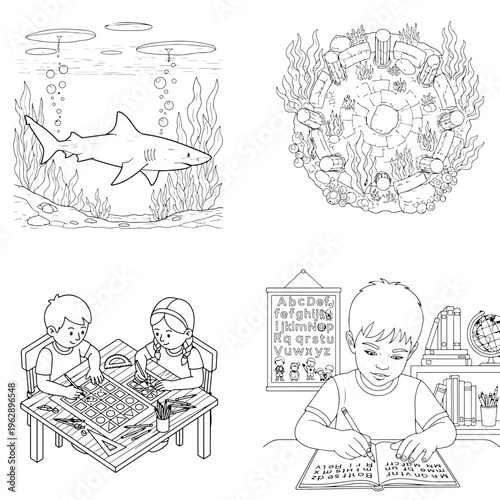 Educational coloring book pages: shark, alphabet, kids learning, game activity, coloring page