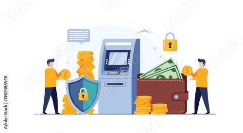 Secure banking transactions at an ATM machine feature people using cards, a protective shield, and a wallet full of cash.