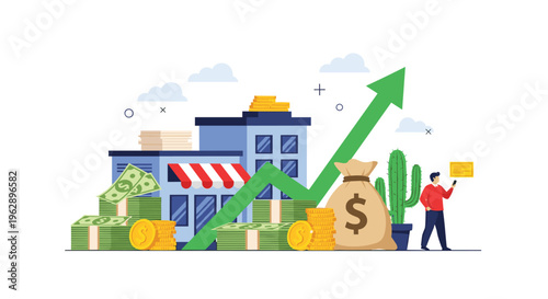 Successful business expansion features a green growth arrow rising above office buildings, money bags, and stacks of cash.