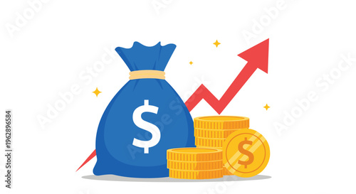 Blue money bag with dollar symbol and gold coins against an upward-pointing red arrow symbolize wealth accumulation and profit.
