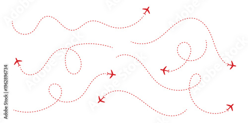 Airplane Route Icon Set with Dotted Flight Path Lines. Airplane line path icon set. Airplane routes vector set. Plane flight path vector set.
