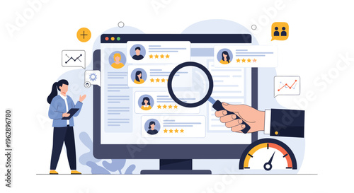 User reviews and performance ratings on a computer screen examined with a magnifying glass for quality assurance and trust.