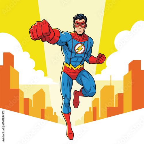 A hero flies through city, with muscles. In action and looking strong