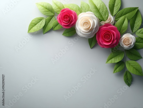 Elegant floral arrangement with colorful roses and green leaves on a soft gray background for decor or design projects