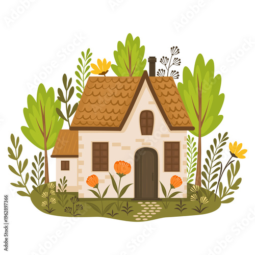 Cozy village house with flowers, flat vector illustration isolated on white