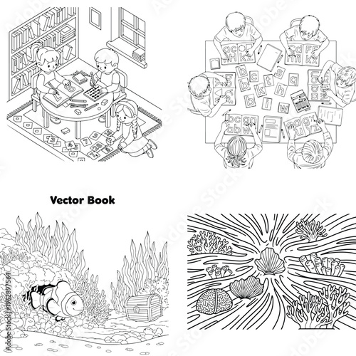 Educational coloring pages set with library interior student groups and underwater sea life
