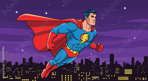 A heroic figure in a colorful costume flies above a lit cityscape at night