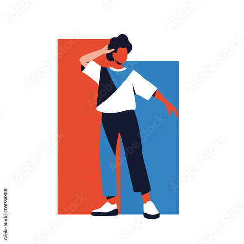 A figure with dark hair and colorful backdrop strikes a pose