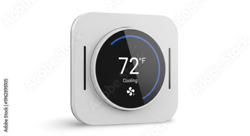 modern digital thermostat displaying 72 degrees cooling mode isolated on transparent background