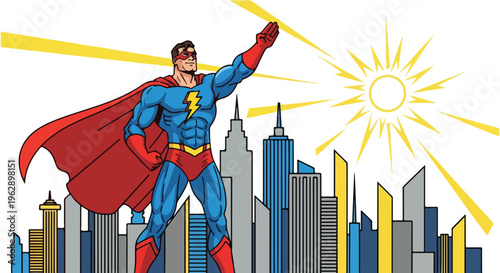 A heroic figure in a colorful outfit with a skyline background