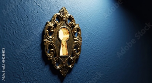 A golden keyhole lock adorns a textured blue wall. A focused beam of light illuminates the lock, creating a dramatic contrast and highlighting its intricate design.