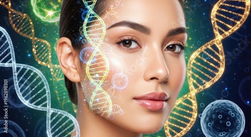 A beautiful woman with dark eyes and brown skin is shown with a double helix DNA strand overlaid on her face.