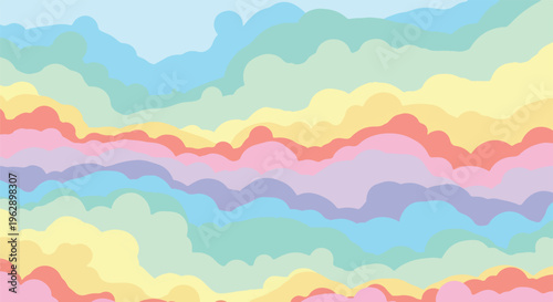 A dreamy abstract landscape of layered, colorful, rounded cloud formations