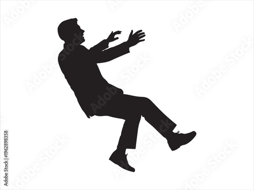 A silhouette of a businessman falling backwards with his arms outstretched against white background Vector, illustration