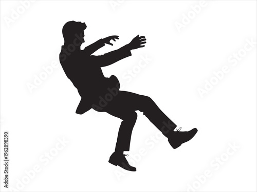 A silhouette of a businessman falling backwards with his arms outstretched against white background Vector, illustration