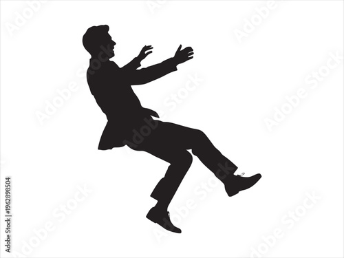 A silhouette of a businessman falling backwards with his arms outstretched against white background Vector, illustration