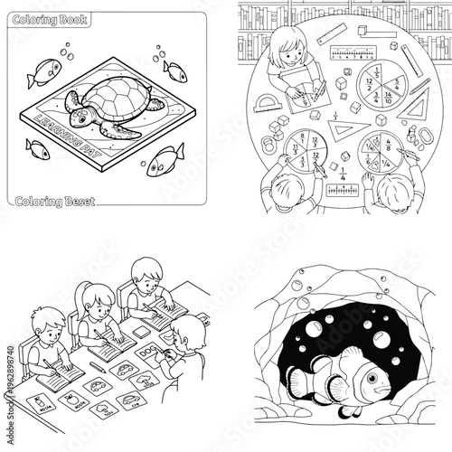 Coloring book collection featuring turtle mandala geometry children playing and clownfish scene