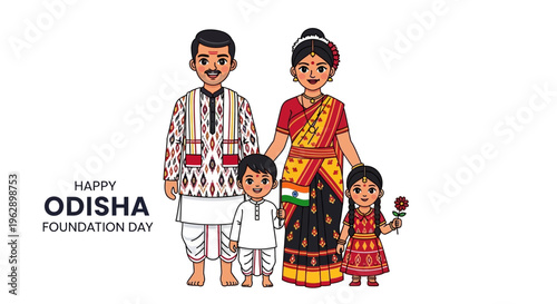 Illustration of a traditional Indian family celebrating Odisha Foundation Day with cultural attire and festive decorations on a white background.
