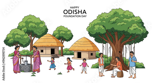 Illustration of people celebrating Odisha Foundation Day with traditional huts and trees in a cultural festival setting in India.