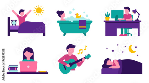 A vibrant illustration of daily life activities and routines