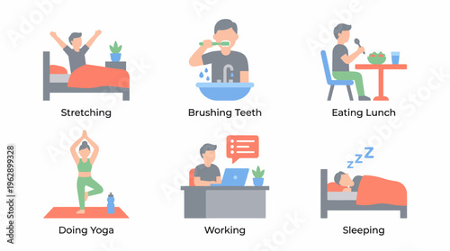 A person engaging in various daily activities at home and work