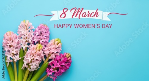 A vibrant image showcases a bouquet of pink and purple hyacinths arranged against a serene blue background. A stylized banner with the text 