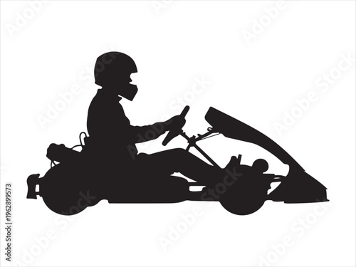 A black silhouette illustration of a person driving a go kart wearing a protective racing helmet Vector, illustration