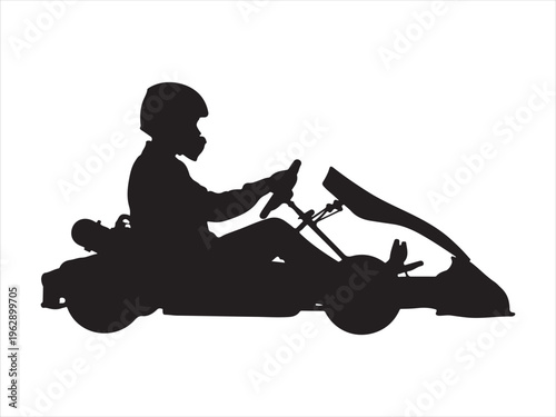 A black silhouette illustration of a person driving a go kart wearing a protective racing helmet Vector, illustration