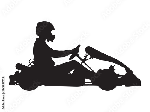 A black silhouette illustration of a person driving a go kart wearing a protective racing helmet Vector, illustration