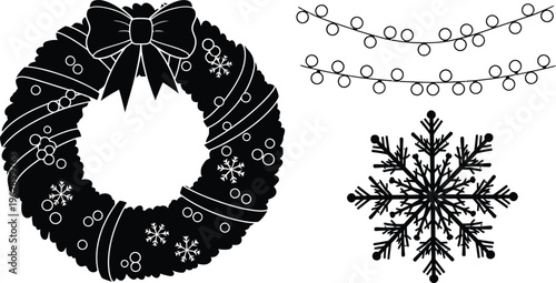 Christmas Wreath with Snowflake and Garland on White Background