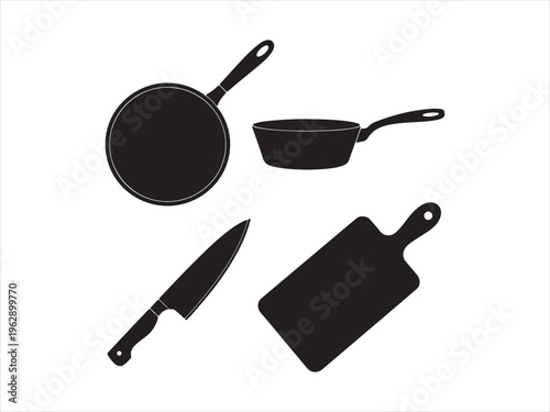 A collection of black silhouette icons representing essential kitchen cooking tools and utensils Vector, illustration