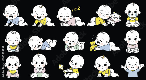Cartoon baby stickers with various facial expressions on black background