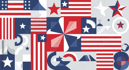 A geometric abstract composition in red, white, blue with stars and flags