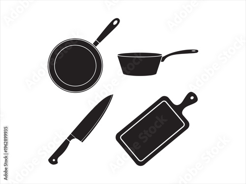 A collection of black silhouette icons representing essential kitchen cooking tools and utensils Vector, illustration