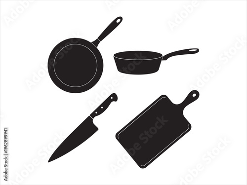 A collection of black silhouette icons representing essential kitchen cooking tools and utensils Vector, illustration