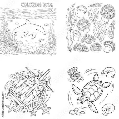 Underwater world coloring page set with dolphin coral reef sunken ship and sea turtle illustration