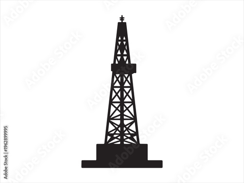 A minimalist black silhouette of an industrial oil derrick tower standing against white background illustration