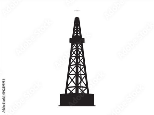 A minimalist black silhouette of an industrial oil derrick tower standing against white background illustration