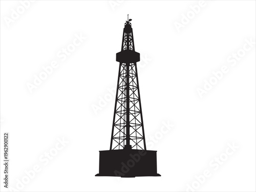 A minimalist black silhouette of an industrial oil derrick tower standing against white background illustration
