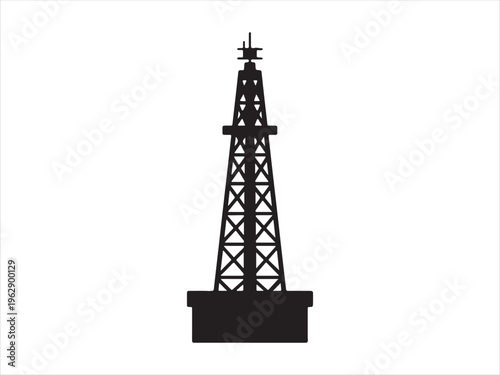 A minimalist black silhouette of an industrial oil derrick tower standing against white background illustration
