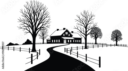 Black House with Snowy Roof and Bare Trees on Rural Road