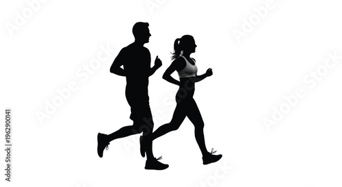 Silhouettes of a fit man and woman jogging together, representing an active lifestyle.